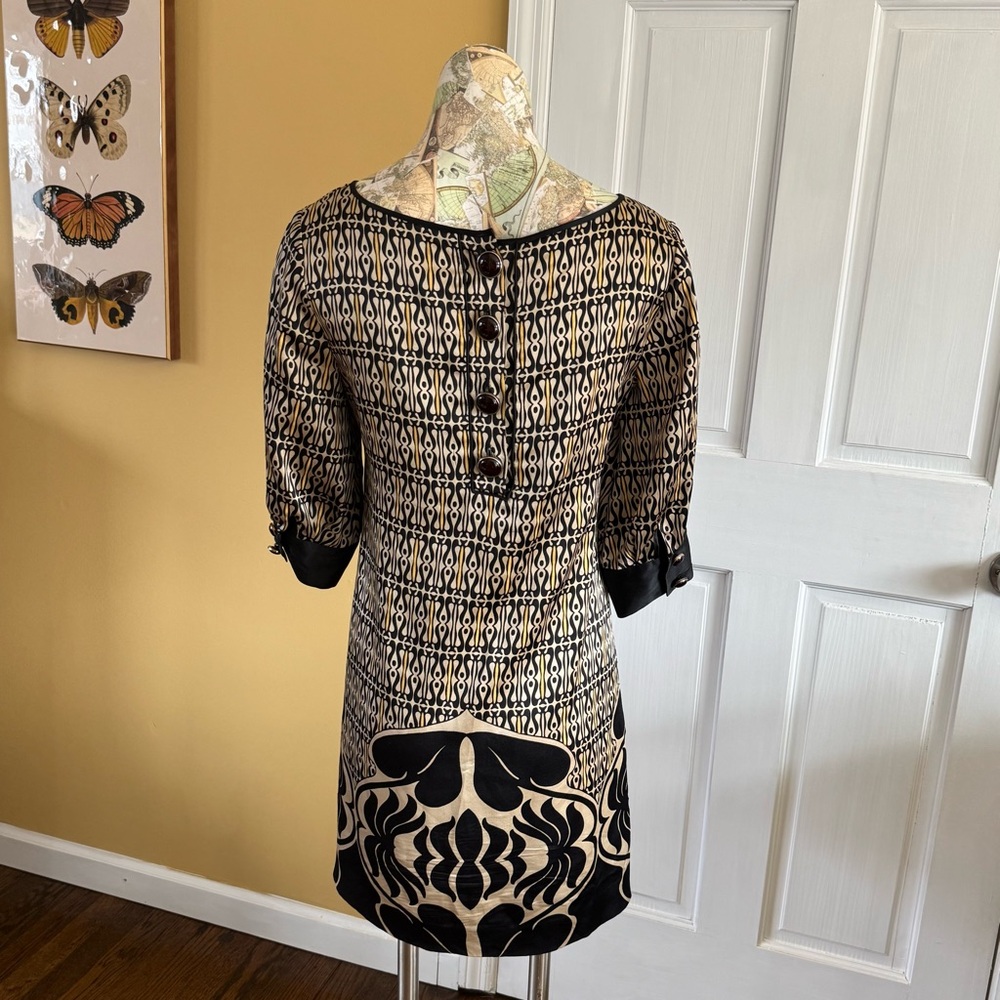 Claude Brown 100% Silk Black and Cream Patterned Women's Shift Dress 2 - Picture 5 of 13